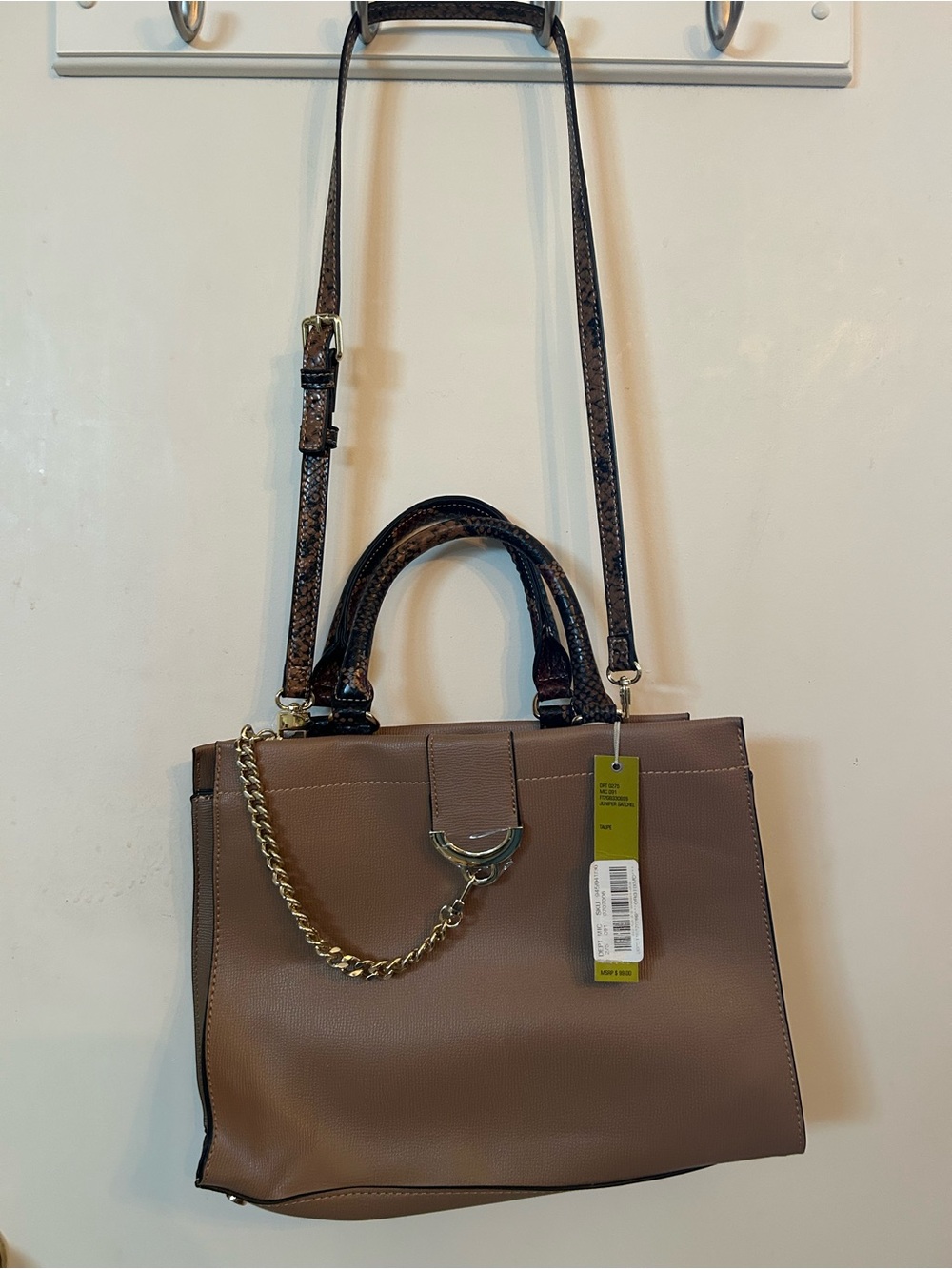 Gianni Bini Taupe Structured Satchel with Gold Chain Accent